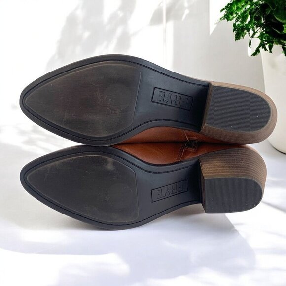 FRYE Megan Ankle Booties Cognac Leather 9M With Stacked Heel & Side Zip Closure - Picture 7 of 13